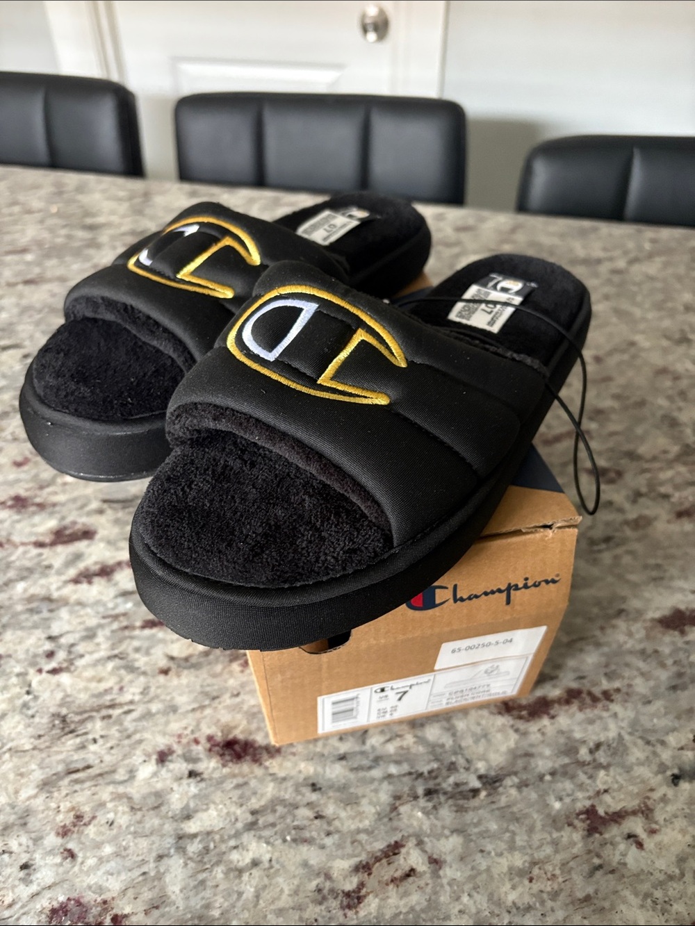 Champion Black Plush Slide Sandals with Gold & White Logo